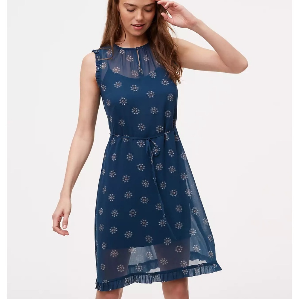 Ann Taylor LOFT | Blue/Teal Medallion Tie Waist Ruffle Trim Dress *NWT*